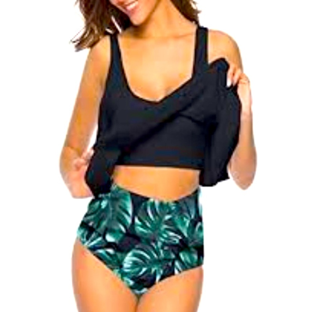 🚘SouqFone Womens Tankini Leaf Print Flounce Black Leaf 2 Piece Swimsuit NWT